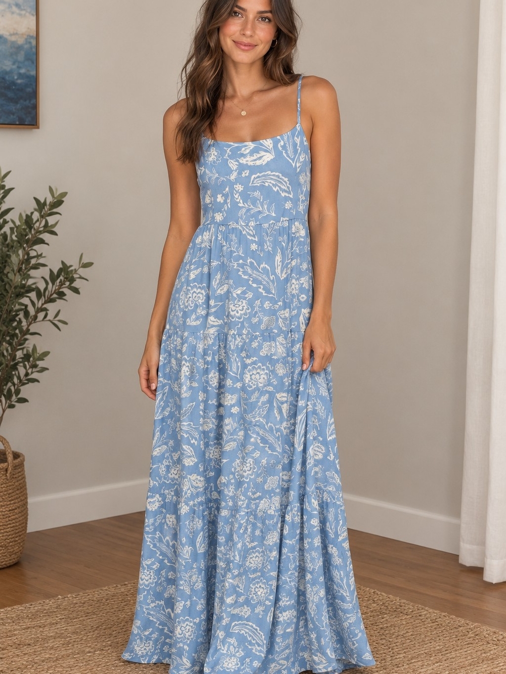 SO Dusty Blue Floral Tiered Boho Maxi Dress XXL